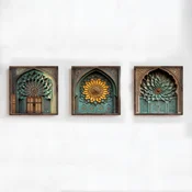 WallXpert set uramljenih MDF slika DOS086-33, orijentalni lukovi sa mandalama u tirkiznoj i zlatnoj boji, 3 x 34 x 34 cm