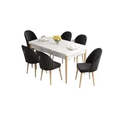 Hanah Home trpezarijski set Elf, sto na razvlacenje i 6 stolica, bela ploca, noge u prirodnoj boji drveta, crna tkanina Babyface