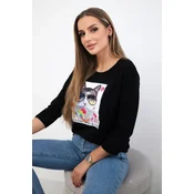 Cat Graphic Blouse 3D Black
