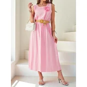 Resti Womens midi dress with straps, featuring a round neckline with a decorative flower