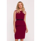 Stylove Womans Pencil dress with a belt and a peplum - maroon