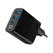 30W GaN USB Brzi Punjac sa LCD Ekranom i 3 Prikljucka Gembird TA-UC-PDQC30LCD-BK-02