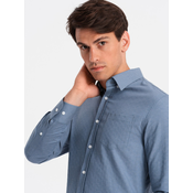 OMBRE Moška srajca SLIM FIT iz satenaste tkanine z žepom modre barve MDN127117 L