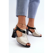 Womens high-heeled sandals made of eco leather, gold and black Queenmarie