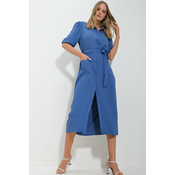 Trend Alaçati Stili Womens Blue Double Pocket Watermelon Sleeve Aerobin Shirt Dress