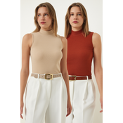Happiness Istanbul Womens Tile Cream Turtleneck Sleeveless 2 Pack Knitted Blouse