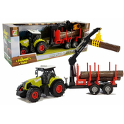slomart LEAN TOYS Leseni traktor s prikolico za hlodovino in dvigalom