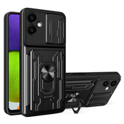 Oklepni ovitek MaX-Wallet z obročem, kovinsko ploščico, zaščito zadnjih kamer in prostorom za plačilno kartico za Samsung Galaxy A06 - army black