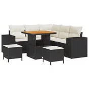 8 kom – set vrtnog kauča s jastučićima crni Poly Rattan akacija 3 kom – set vrtnog blagovanja s jastučićima crni Poly Rattan ak