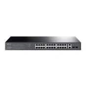 28-port gigabit Easy Smart switch with 24 PoE+ ports, 26 10/100/1000Mbps RJ-45 ports, 2 SFP uplink ports, compliant with 802.3af/at, 250W PoE budget, support Priority Mode, PoE Auto Recovery, 1U 19-inch rack mountable.