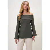 Trend Alaçati Stili Womens Khaki Madonna Collar Interlock Fabric Blouse