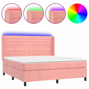 Vidaxl Box spring postelja z vzmetnico LED roza 160x200 cm žamet