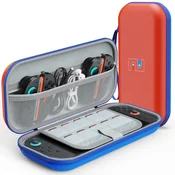 Nikcorp Zaščitni etui za Nintendo Switch 2, vodoodporna torbica iz PU usnja z EVA peno, 10 rež za igre, predal za dodatke, mehak velur, rdeče-moder, trpežna zaščita za varen transport in organizacijo konzole