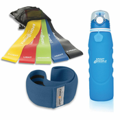 Sport2People steklenica, modra, 1 l + tekstilna elastika za vadbo + set lateks elastik za vadbo, 5 kosov