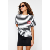 Trendyol Red Striped Slogan Embroidery Detailed Relaxed/Comfortable Cut Knitted T-Shirt