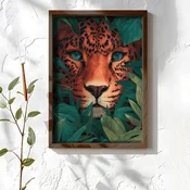 WallXpert uramljena MDF slika NAL031-70, lice leoparda tirkiznih ociju medu tropskim lišcem, 50 x 70 cm