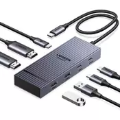 slomart UGREEN Revodok Pro 207 USB C Hub - 2x HDMI 4K@60Hz, dvojni zaslon, 2x USB A, USB C PD 100W. Za XPS, Chromebook, X1, Surface.