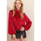 Trend Alaçati Stili Womens Red Christmas Special Stand Collar Smocking Front Corduroy Blouse