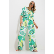 Trend Alaçati Stili Womens Green Patterned Shirt And Trousers Bottom Top Woven Suit