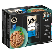 Mega pakiranje Sheba različice v vrečkah za ohranjanje svežine 24 x 85 g - Selection v omaki (losos in morski losos; bela riba; plava riba; polenovka)