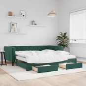 Greatstore Izvlečna dnevna postelja s predali tm. zelena 100x200 cm žamet