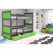 Drveni deciji krevet na sprat Rico sa fiokom - sivi - zeleni - 200x90 cm