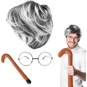Nikcorp Kostim komplet MIVAIUN za odrasle 3-dijelni: paruka, naočale i napuhavajuća palica, siva srebrnosiva kosa, realistično starac za Halloween, maskenbal, cosplay