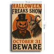 WallXpert slika na platnu 4570HALC-010, retro Halloween poster Freaks Show sa bundevom u odelu i jarcem, 45 x 70 cm