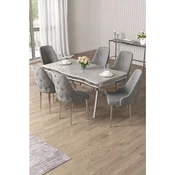 Hanah Home trpezarijski set Vae, sto i 6 stolica, ploca u dekoru belog mermera, hromirane noge, siva tkanina Babyface