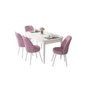 Hanah Home trpezarijski set Via, sto na razvlacenje i 4 stolice, bela ploca, roze tkanina Jerry