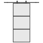 Vidaxl Drsna vrata z opremo črna 90x205 cm kaljeno steklo