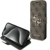 shumee Ovitek za iPhone 15 Pro Guess s kovinskim logotipom, rjav, z naslonom