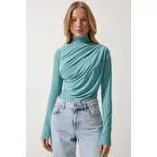 Happiness Istanbul Womens Aqua Green Gathered Detailed High Neck Sandy Blouse