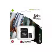 Spominska kartica MicroSDXC 64GB Kingston Canvas Select Plus, 100MB/s, C10 UHS-I, adapter