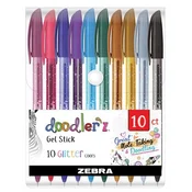 Gel pisalo, komplet, 0,33 mm, s pokrovčkom, ZEBRA Doodler`z Glitter, 10 različnih barv, 10 kosov