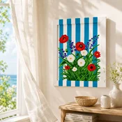 WallXpert rucno slikana uljana slika na platnu YBC11930, poljsko cvece na plavo-belim prugama, 26 x 36 cm