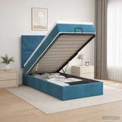 vidaXL Otomanska postelja z vzmetnico in LED Temno modra 90 x 200 cm