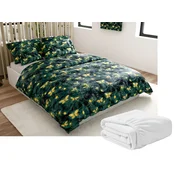 Set 2 kos posteljnine mikropliš YELLOW BUTTERFLY temno zeleno + rjuha mikropliš SOFT 180x200 cm bela, zakonska postelja