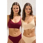 Trendyol Ten-Burgundy 2-Piece Seamless Lace Detail Non-wired Cupless Bralette Knitted Bra