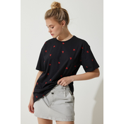 Happiness Istanbul Womens Black Heart 100% Cotton Oversize Long Knitted T-Shirt