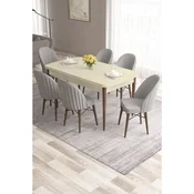 Hanah Home trpezarijski set Roz, sto na razvlacenje i 6 stolica, krem ploca, noge boje oraha, siva tkanina Babyface