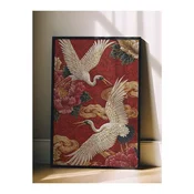 WallXpert uramljena slika 115248, beli ždralovi i crveni božuri na crvenoj pozadini, 30 x 40 cm, crni ram
