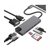 E-GREEN Adapter USB 3.1 Tip C (M) - HDMI+VGA+2X 3.0 USB + tip C + SD (F)