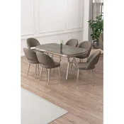 Hanah Home trpezarijski set Jita, sto i 6 stolica, antracit ploca Irony, hromirane noge, kapucino tkanina Babyface
