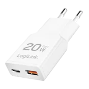 Logilink punjac 2 porta, 1 x USB type c, 1 x USB A, 20W, GaN, slim, bela