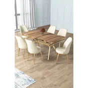 Hanah Home trpezarijski set Prah, sto i 6 stolica, ploca u dekoru Hazar, zlatne noge, krem tkanina Babyface