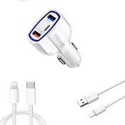 Komplet avtomobilskih polnilnikov za hitri polnilnik 12V 3,5A, kabel USB-A-Lightning, USB-C-Lightning za iPhone 14, 13, 12, 11, XSmax, bel, 3 kosi