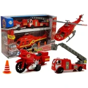 slomart Komplet vozil za gasilce: gasilsko vozilo, helikopter, motor, z lučmi in zvoki