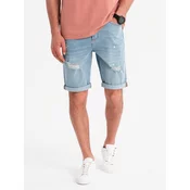 Ombre Mens short denim shorts with rubbing and rolled up leg - light blue