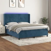 Greatstore Box spring postelja z vzmetnico LED temno modra 160x200cm žamet